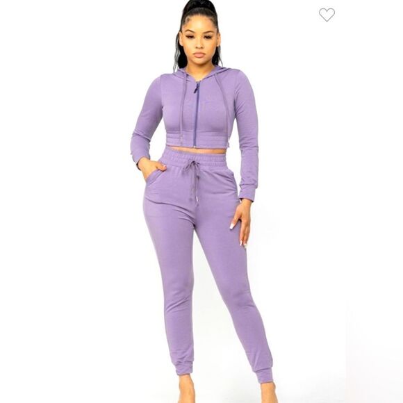 118. Boutique Ash Purple Zip Hoodie Jogger With Pockets Set - Picture 1 of 5